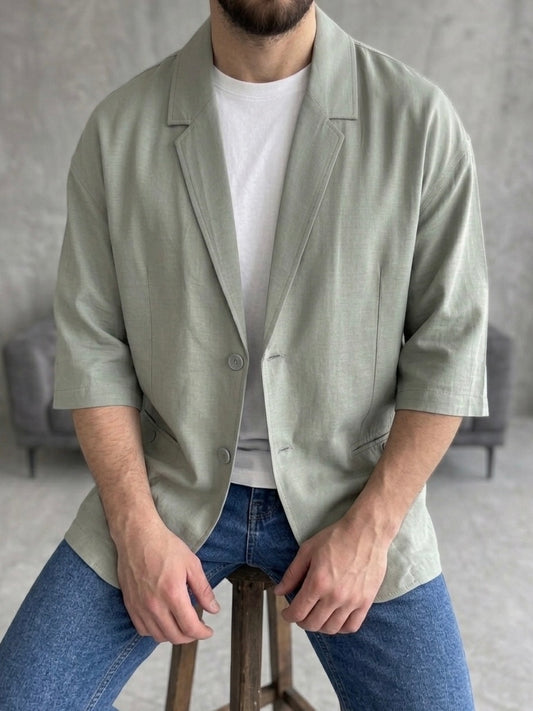 Erkek Haki Kısa Kollu Keten Blazer Ceket - MRN2615