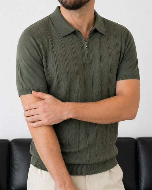 Erkek Antrasit Yarım Fermuarlı Polo Yaka Desenli Triko Tişört - MRN2678