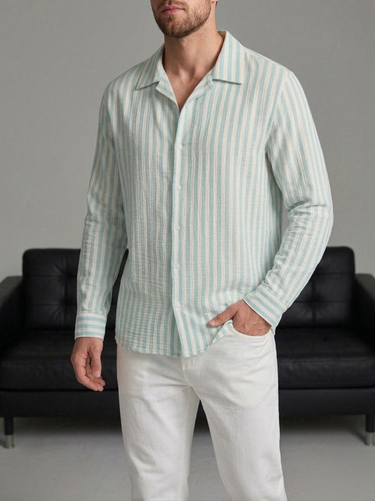 Erkek Yeşil Çizgili Açık Yaka Gömlek - MRN2602
