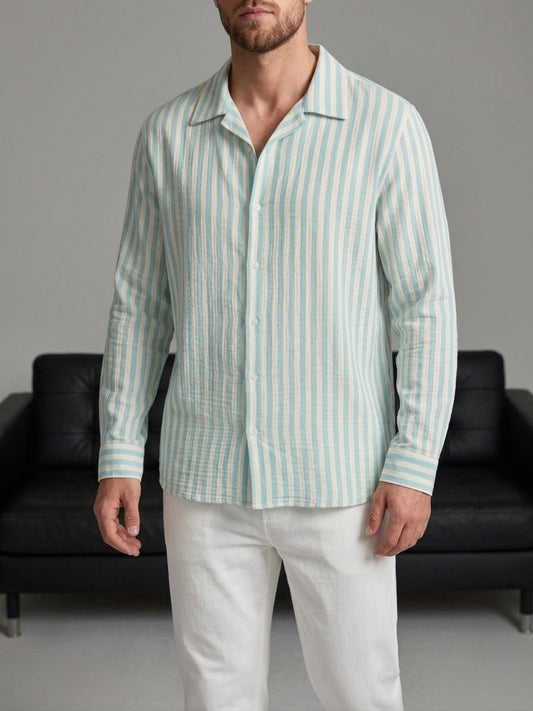Erkek Yeşil Çizgili Açık Yaka Gömlek - MRN2602