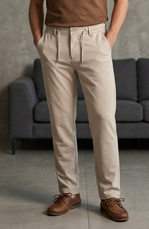 Erkek Bej Armürlü Yarım Lastik Kemer Detaylı Kumaş Pantolon - MRN1213