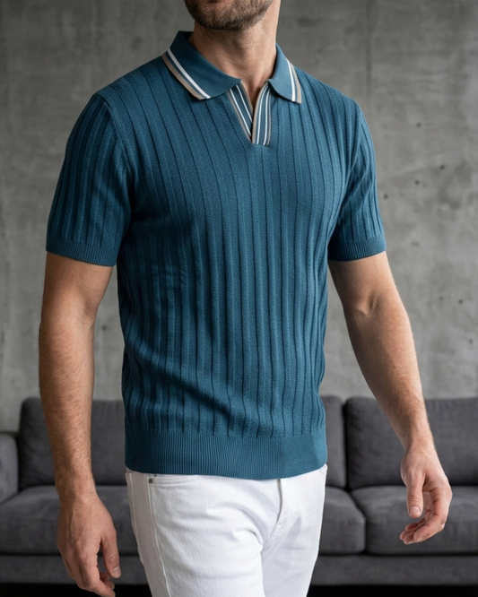 Erkek Nefti Yeşil Dikey Dokulu Triko Polo Yaka Tişört - MRN2602