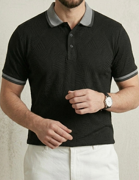 Erkek Desenli Jakarlı Polo Yaka Tişört - FK2611