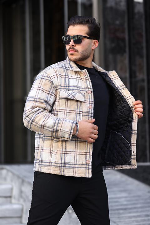Miron Bej Ekru Ekose Kapitone Detaylı Regular Fit Ceket-2454