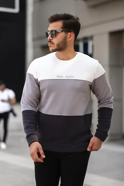 Miron Beyaz Gri Siyah Üç Renk Blok Parçalı Sıfır Yaka Üç iplik Regular Fit Sweatshirt - 2436