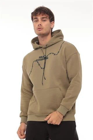 Miron Haki Üç İplik Head Chopper Nakışlı Oversize Kapşonlu Sweatshirt- 2319