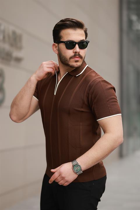 Miron Kahverengi Petek Dokulu Fermuarlı Polo Yaka Triko Kısa Kollu Tişört 2511