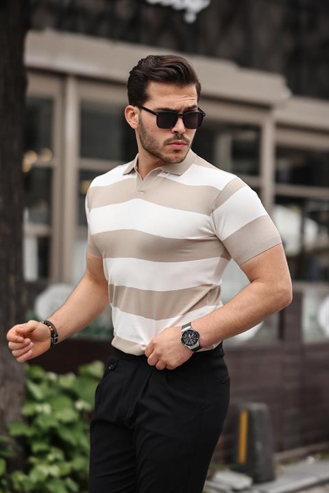 Miron Kamel Bej Triko Blok Parçalı Polo Yaka Tişört- 2417