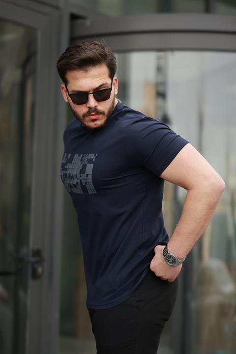 Miron Lacivert Baskılı Sıfır Yaka Regular Fit Kısa Kollu Tişört -2509