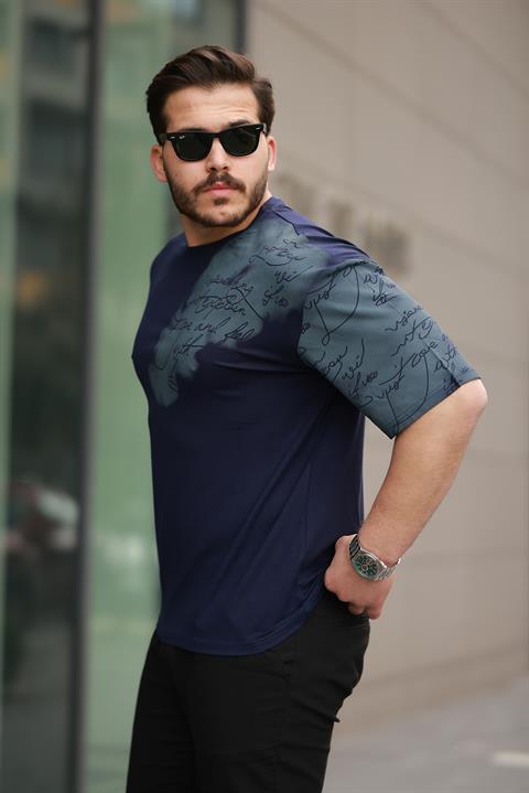 Miron Lacivert Kol Baskı Detaylı Sıfır Yaka Oversize Kısa Kollu Tişört -2506