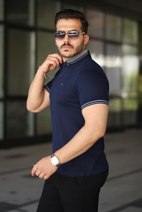 Miron Lacivert Logo Nakışlı Polo Yaka Kısa Kollu Tişört -2518