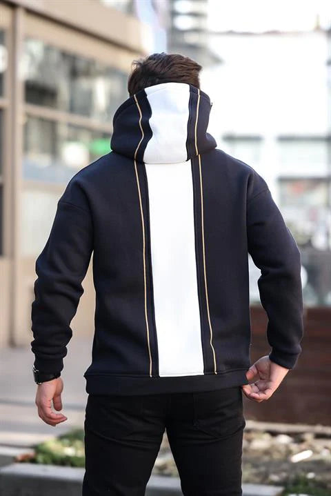 Miron Lacivert Sırt Şeritli Kapüşonlu Üç İplik Oversize Sweatshirt - 2437