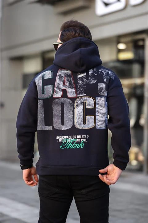 Miron Lacivert Sırtı Baskılı Kapüşonlu Üç İplik Oversize Sweatshirt - 2441