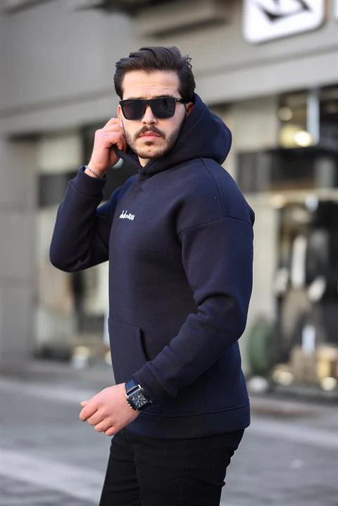 Miron Lacivert Sırtı Etnik Baskılı Kapüşonlu Üç İplik Oversize Sweatshirt - 2438