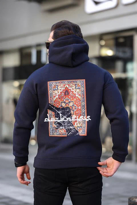 Miron Lacivert Sırtı Etnik Baskılı Kapüşonlu Üç İplik Oversize Sweatshirt - 2438