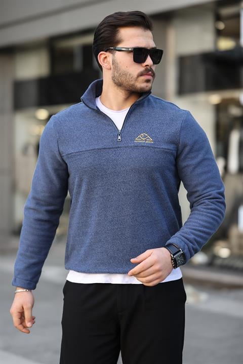 Miron Mavi Unisex Nakışlı Dik Yaka Yarım Fermuarlı Polar Sweatshirt - 2321