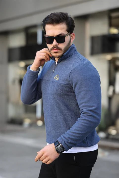 Miron Mavi Unisex Nakışlı Dik Yaka Yarım Fermuarlı Polar Sweatshirt - 2321
