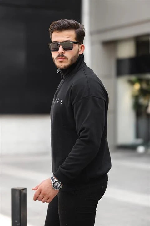 Miron Siyah Originals Nakış Detaylı Fermuarlı Oversize Sweatshirt - 2325