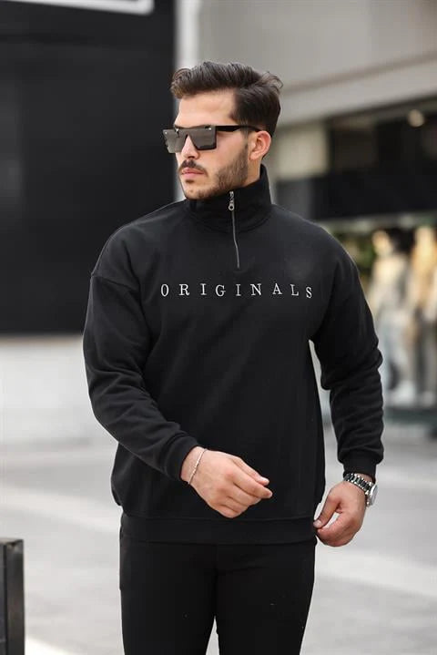 Miron Siyah Originals Nakış Detaylı Fermuarlı Oversize Sweatshirt - 2325