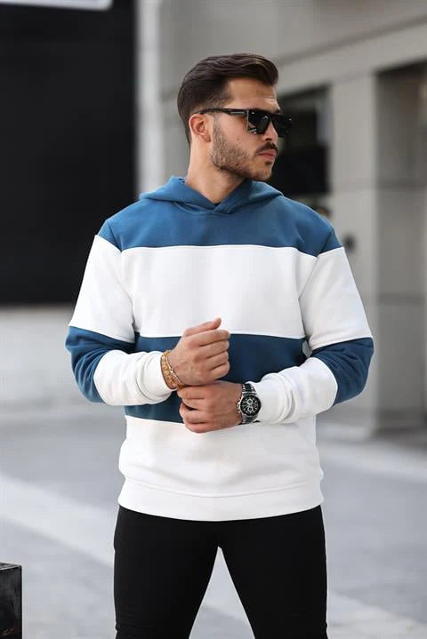 Miron Petrol Beyaz Blok Parçalı Overisize Kapşonlu Üç İplik Sweatshirt -2316