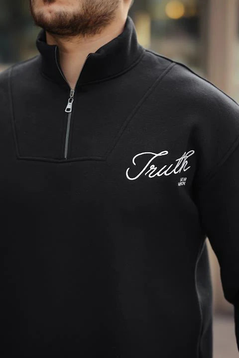 Miron Siyah Baskı ve Fermuar Detaylı Oversize Sweatshirt 2461