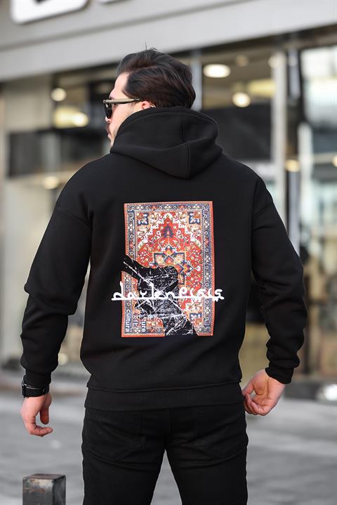 Miron Siyah Sırtı Etnik Baskılı Kapüşonlu Üç İplik Oversize Sweatshirt-2438