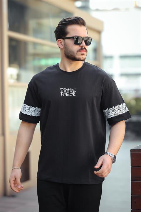 Miron Siyah Tribe Baskı Detaylı Sıfır Yaka Kısa Kollu Oversize Tişört- 2503