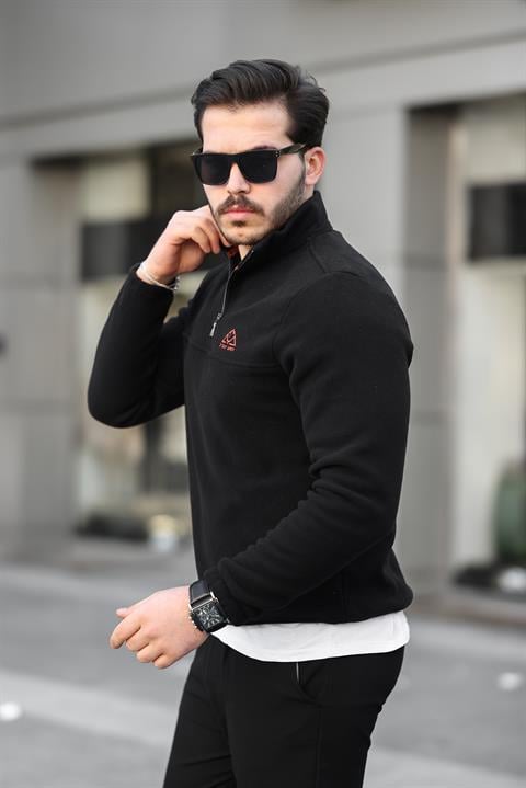 Miron Siyah Unisex Nakışlı Dik Yaka Yarım Fermuarlı Polar Sweatshirt- 2321