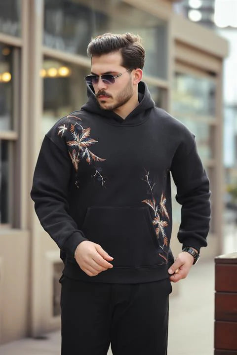 Miron Siyah Yaprak Nakışlı Üç İplik Oversize Sweatshirt- 2458