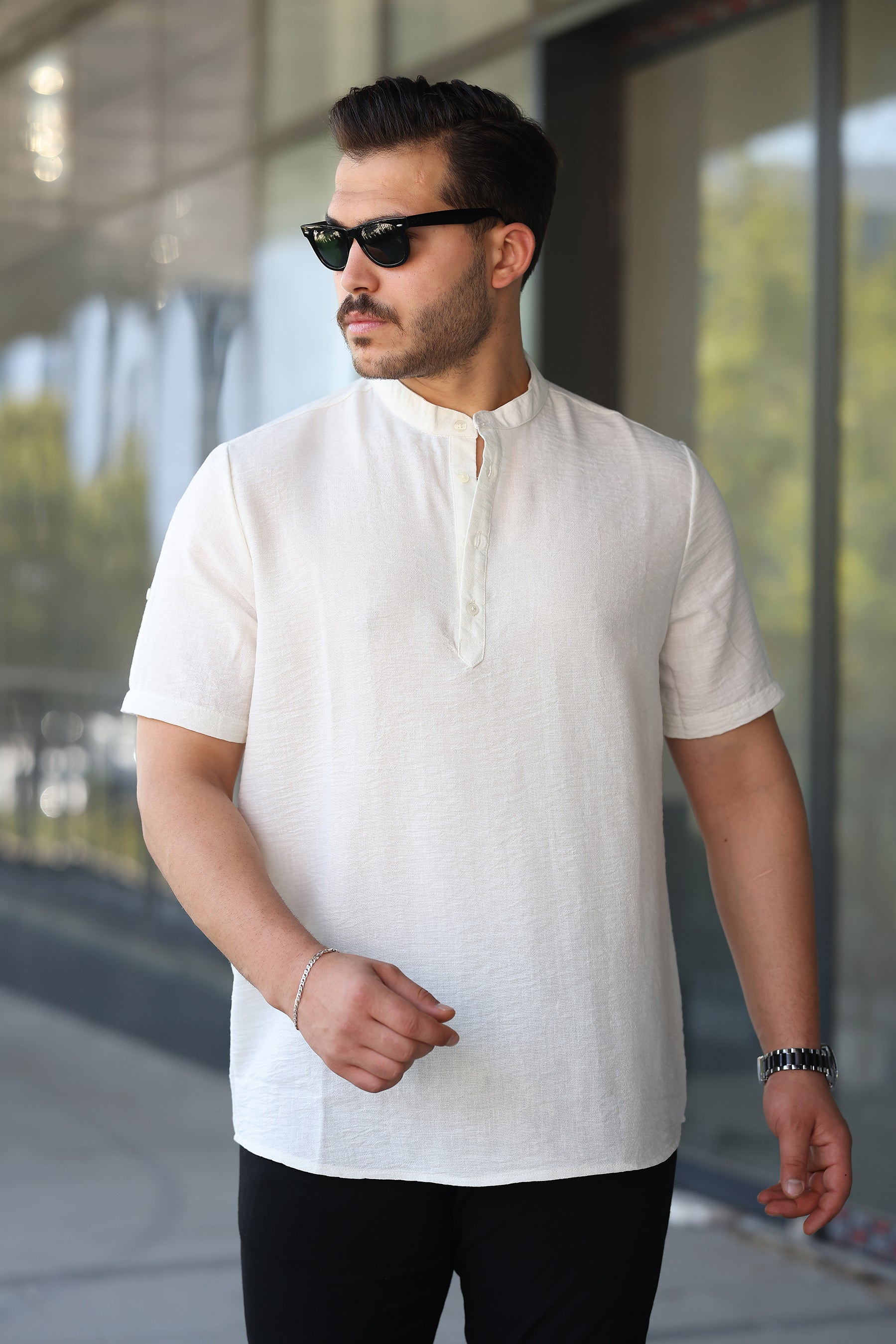 Erkek Hakim Yaka Düğmeli Keten Gömlek - Kısa Kollu - 2536