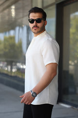 Erkek Hakim Yaka Düğmeli Keten Gömlek - Kısa Kollu - 2536