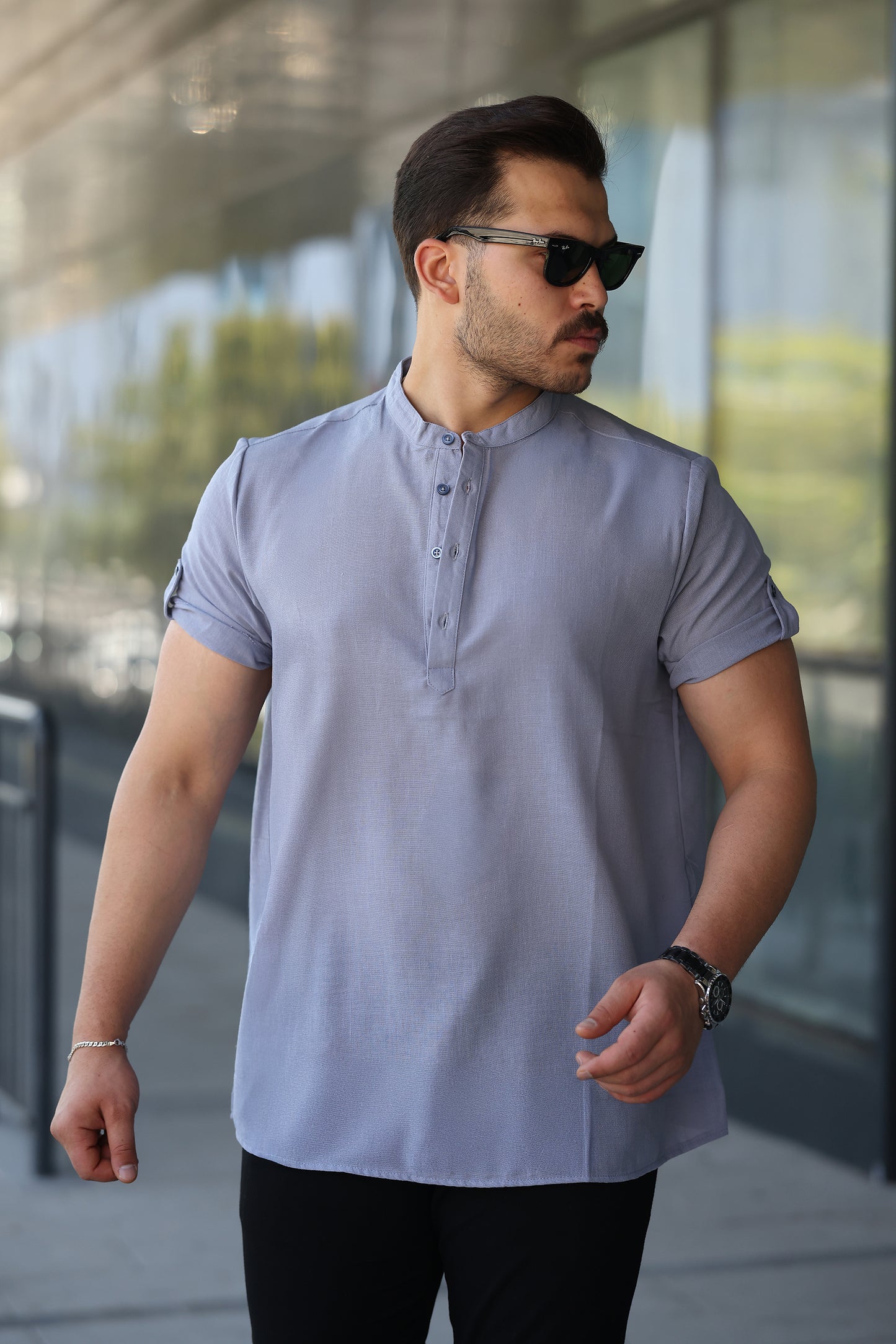 Erkek Hakim Yaka Düğmeli Keten Gömlek - Kısa Kollu - 2536