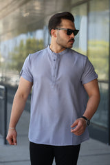 Erkek Hakim Yaka Düğmeli Keten Gömlek - Kısa Kollu - 2536