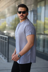 Erkek Hakim Yaka Düğmeli Keten Gömlek - Kısa Kollu - 2536