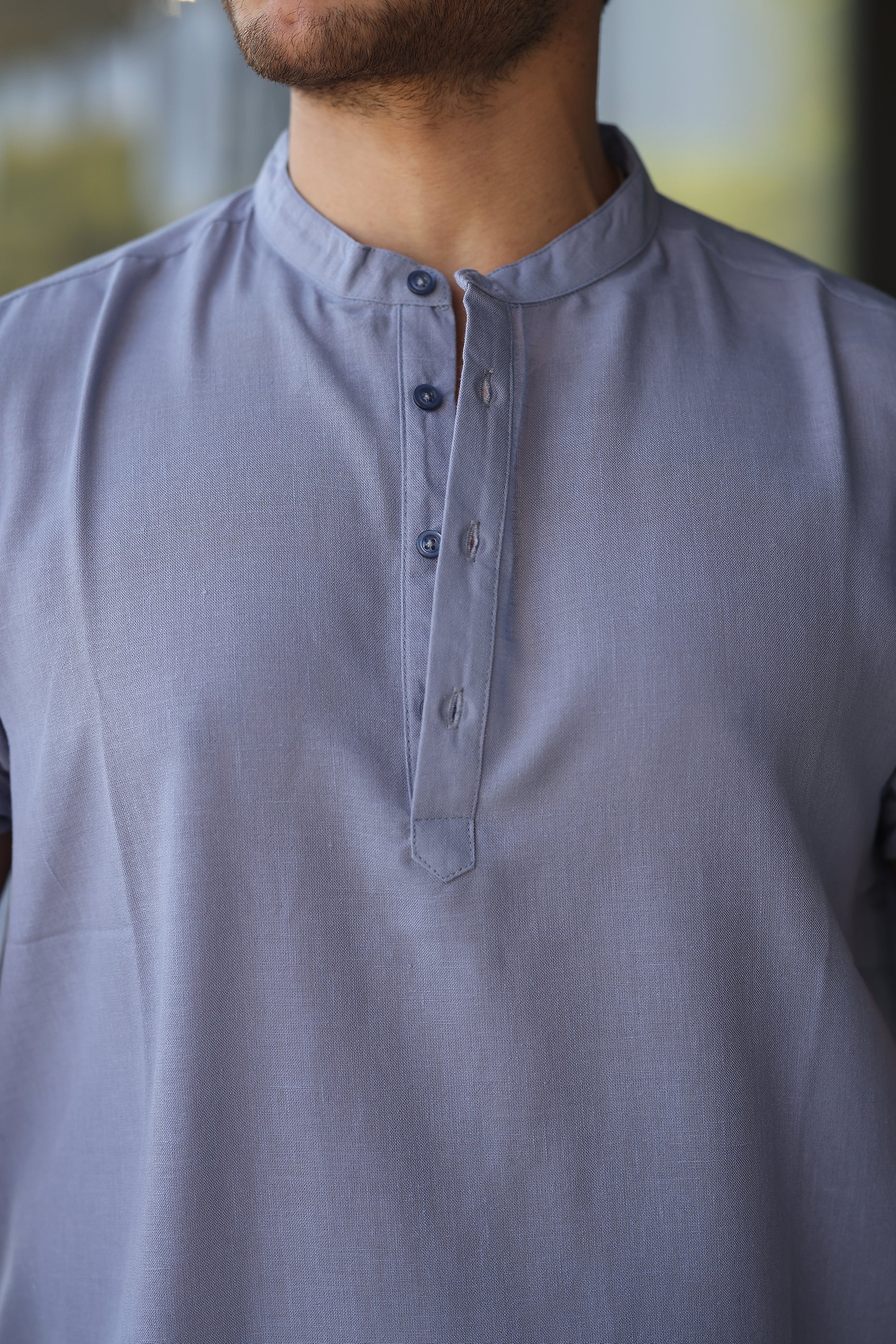 Erkek Hakim Yaka Düğmeli Keten Gömlek - Kısa Kollu - 2536