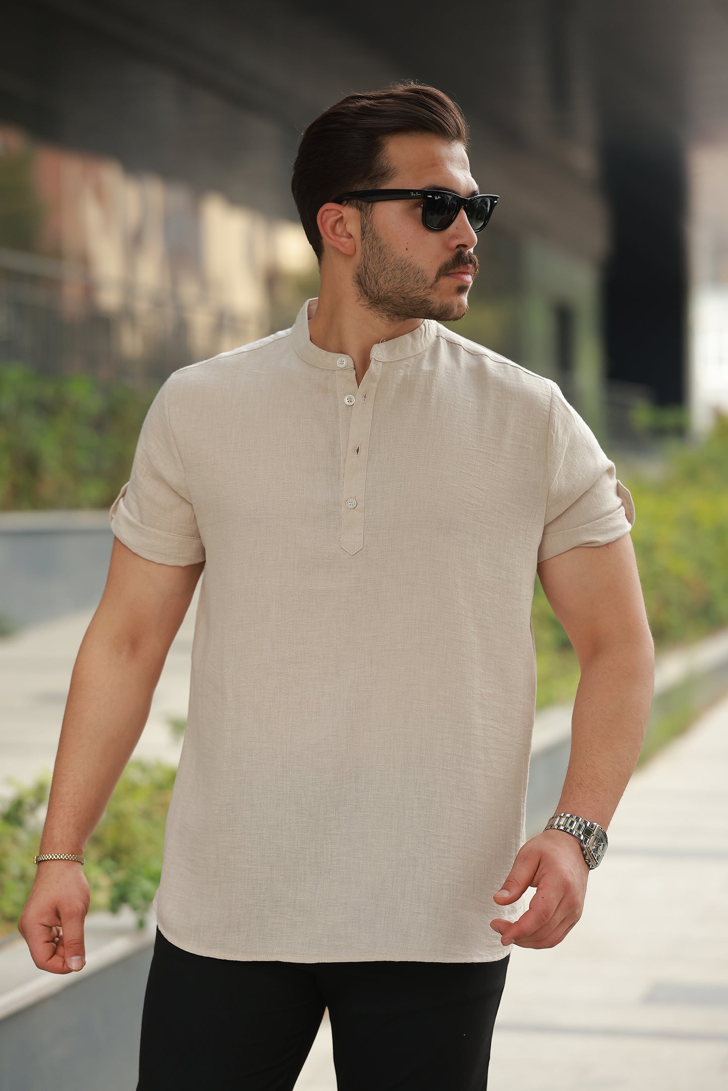 Erkek Hakim Yaka Düğmeli Keten Gömlek - Kısa Kollu - 2536