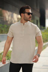 Erkek Hakim Yaka Düğmeli Keten Gömlek - Kısa Kollu - 2536