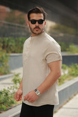 Erkek Hakim Yaka Düğmeli Keten Gömlek - Kısa Kollu - 2536