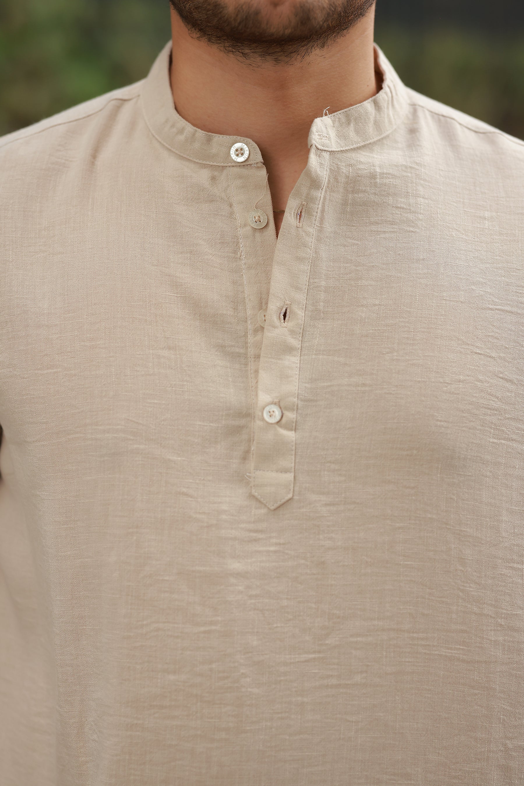 Erkek Hakim Yaka Düğmeli Keten Gömlek - Kısa Kollu - 2536