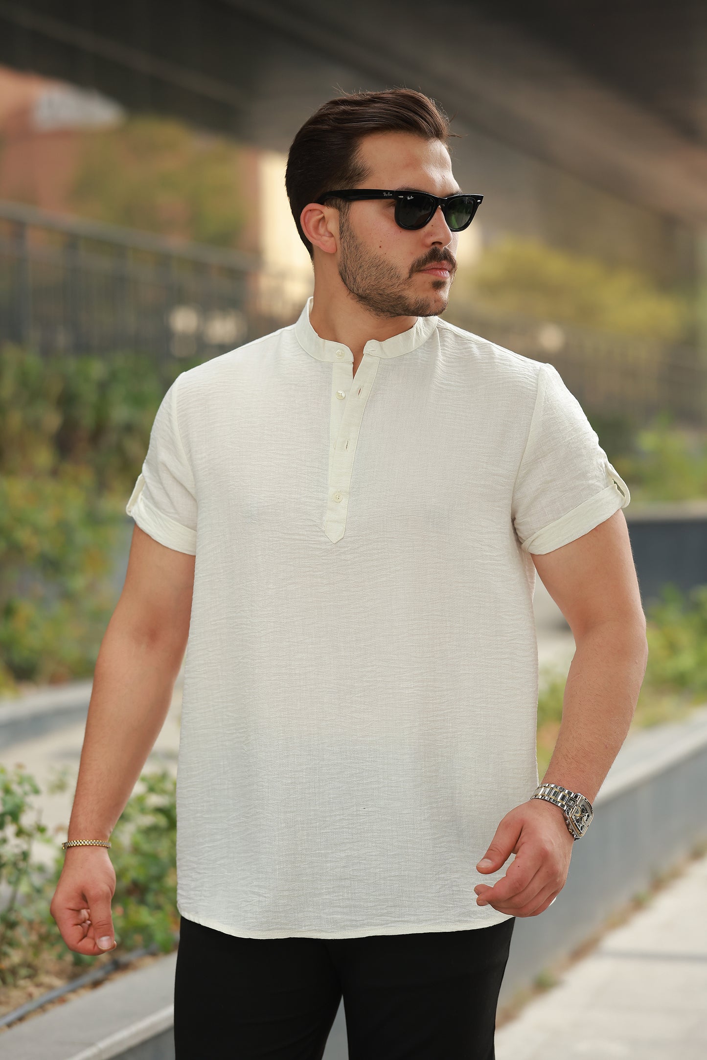 Erkek Hakim Yaka Düğmeli Keten Gömlek - Kısa Kollu - 2536