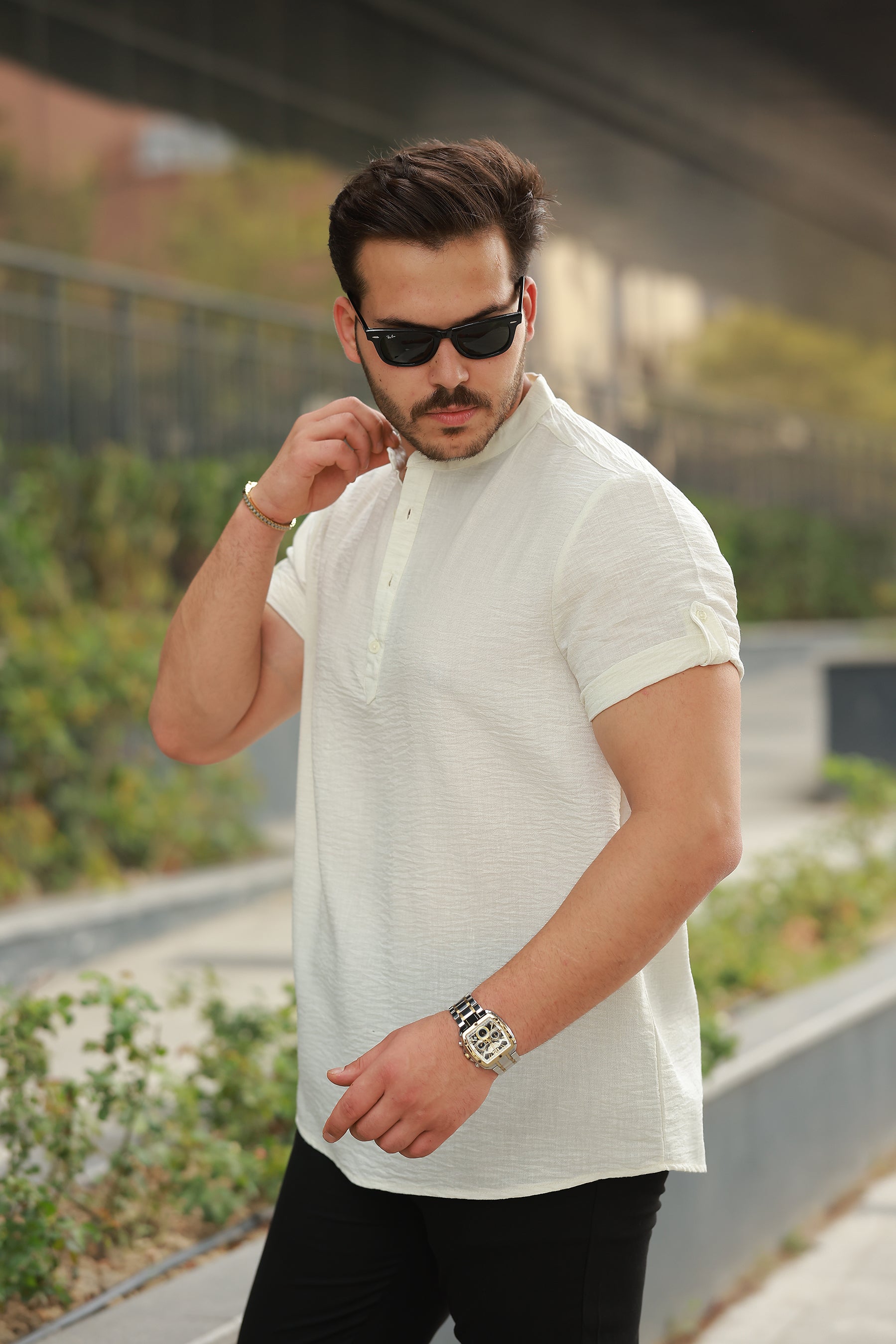 Erkek Hakim Yaka Düğmeli Keten Gömlek - Kısa Kollu - 2536