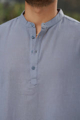 Erkek Hakim Yaka Düğmeli Keten Gömlek - Kısa Kollu - 2536