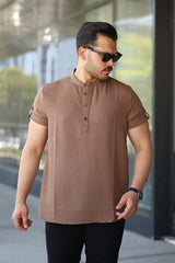 Erkek Hakim Yaka Düğmeli Keten Gömlek - Kısa Kollu - 2536
