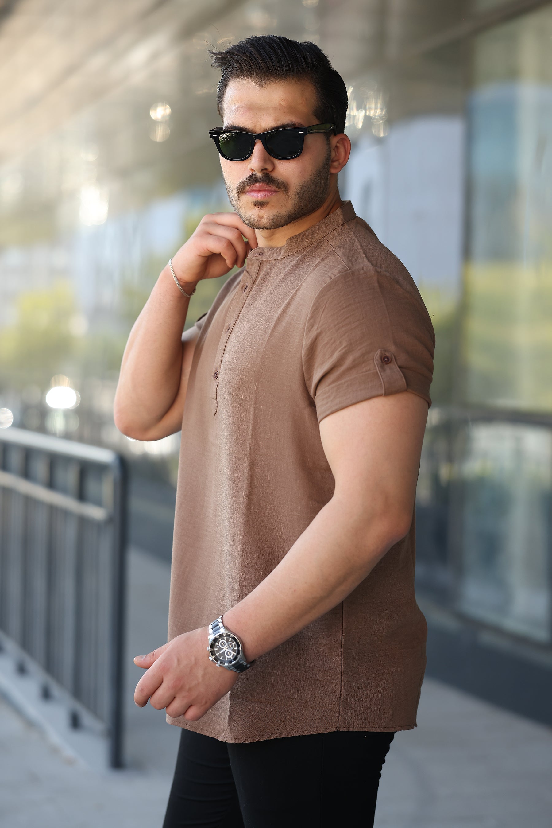 Erkek Hakim Yaka Düğmeli Keten Gömlek - Kısa Kollu - 2536