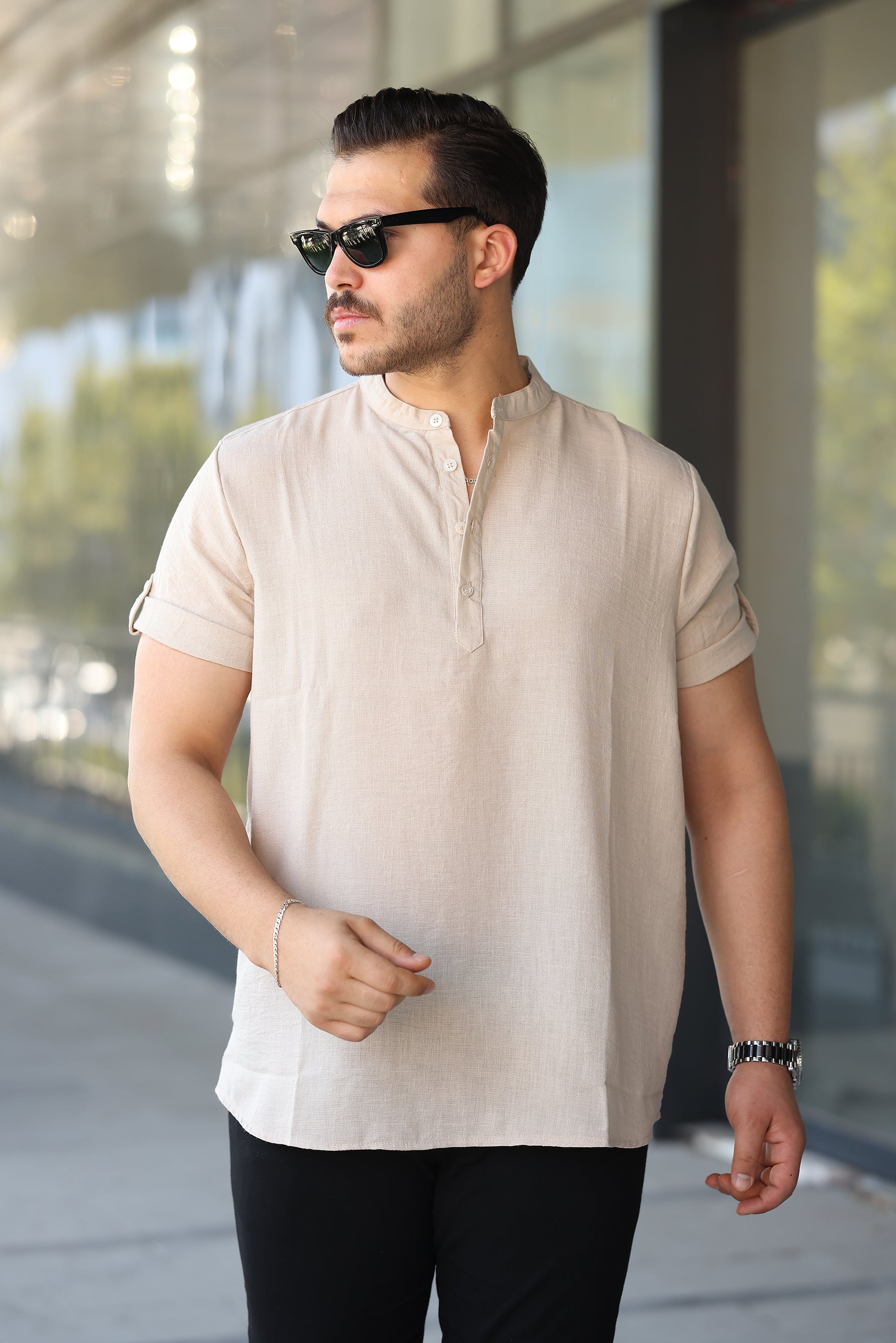 Erkek Hakim Yaka Düğmeli Keten Gömlek - Kısa Kollu - 2536
