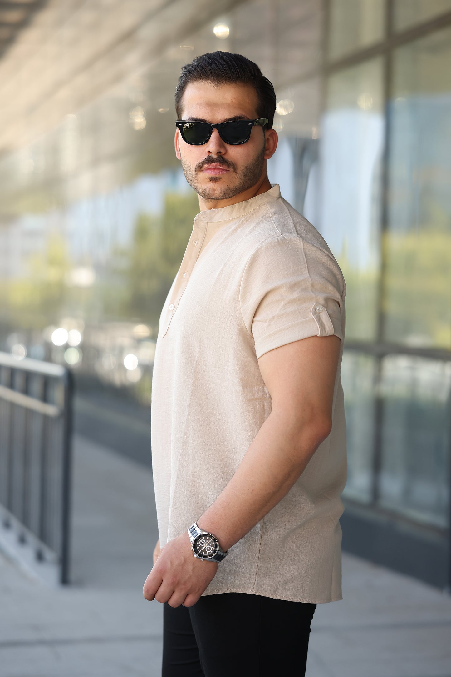 Erkek Hakim Yaka Düğmeli Keten Gömlek - Kısa Kollu - 2536