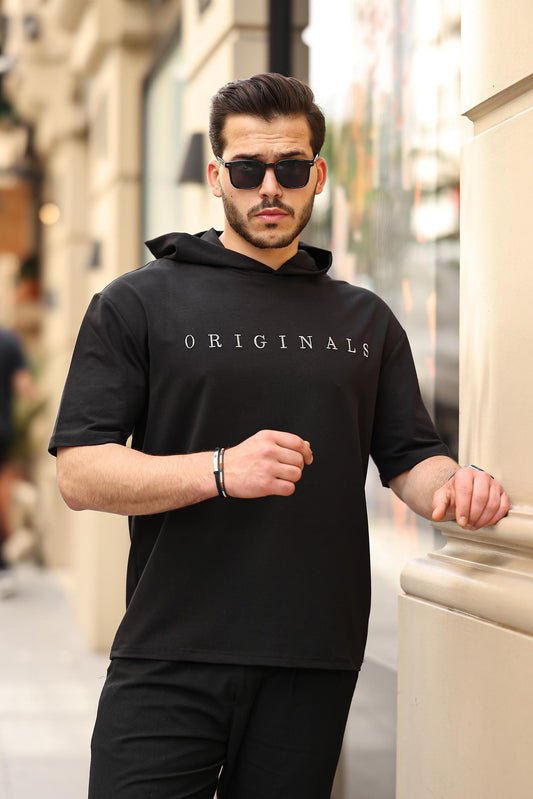Miron Siyah Originals Nakışlı Kapşonlu İki İplik Kısa Kollu Tişört - 2404
