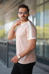 Erkek Bisiklet Yaka Şerit Detaylı Nakışlı %100 Pamuk Tişört - 2533