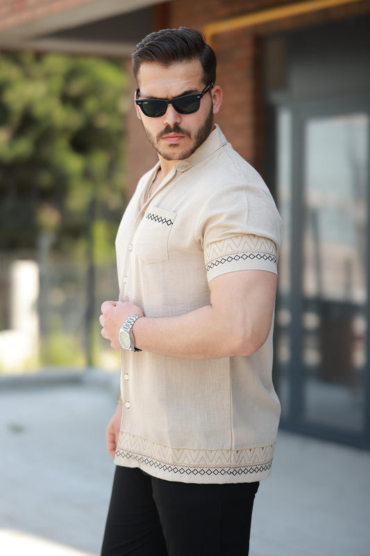 Miron Bej Nakış Detaylı Kısa Kollu Regular Fit Gömlek - 2525