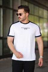 Erkek Bisiklet Yaka Şerit Detaylı Nakışlı %100 Pamuk Tişört - 2533